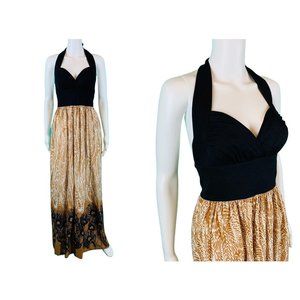 Vintage 60s Maxi Dress Womens XS Peacock Feathers Novelty Border Print